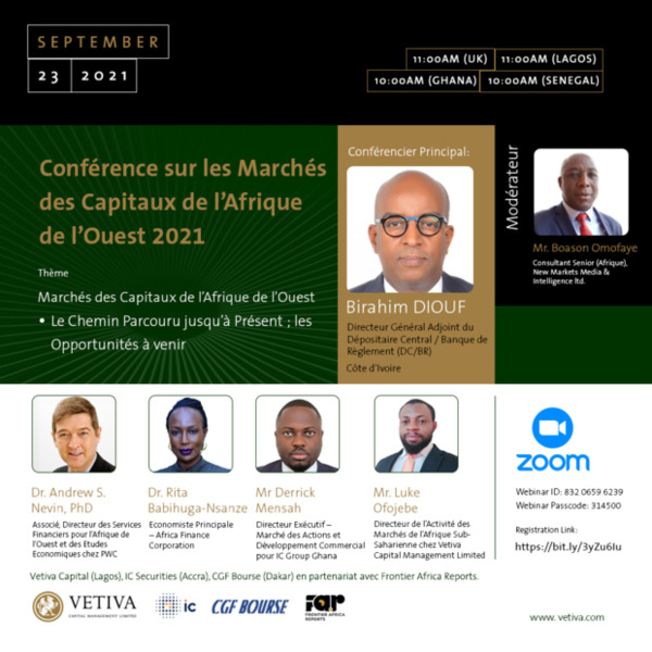 Discussion sur l’état des lieux et les perspectives des marchés des capitaux de l’Afrique de l’Ouest : CGF Bourse, IC Securities, Vetiva Capital organisent une conférence virtuelle demain